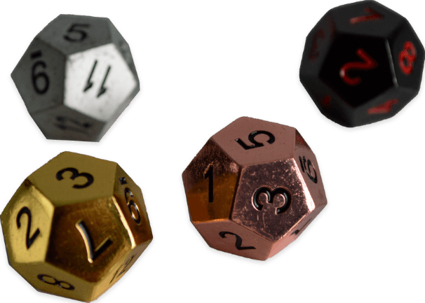Four different colored dice