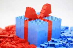 a closeup of a gift box composed of Lego® bricks
