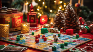 a closeup of a board game with Christmas decorations 